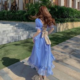 Casual Dresses 2023 Summer Korean Fashion Bandage Blue Net Gauze Square Collar French Milk Sweet Princess Fairy Party Long DressCasual