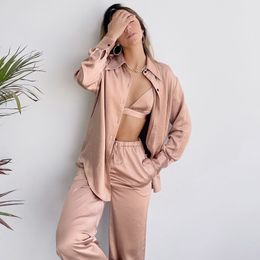 Women's Sleepwear Restve Casual Pajamas For Women 3 Piece Set Turn Down Collar Long Sleeve Tops Bra Female Sets With Pants Solid Home Wear 230330