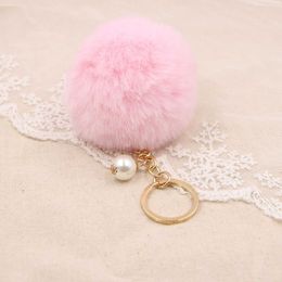 Key Rings New Women Fur Key Chain Car Keychain Pom 8cm Pom 25 Colours with Pearl Bag Charm Cute Car Keyring Jewellery Keychain Charms AA230329