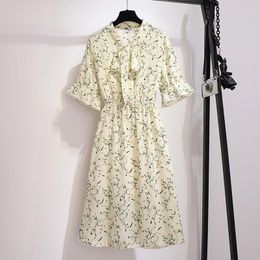 Casual Dresses Large Size Women's Bust 150 Summer Loose Temperament V-Neck Tie Short Sleeve Floral Chiffon Dress 5XL 6XL 7XL 8XL 9XL