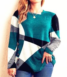 Damen T-Shirt Knopf Geometrischer Kontrast Langarm Bedrucktes Loses T-Shirt Damen Top Frühling Herbst Elegante Dame T Shirt S-5XL 230331