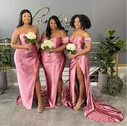 Bridesmaid Dresses Off Shoulder Pink Floor Length Wedding Guest Gowns Junior Maid Of Honor Dress Elastic Silk Like Satin Party Gowns Side Split BC11302