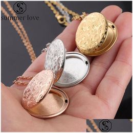 Pendant Necklaces Vintage Engraved Flowers Round Necklace 3 Colour Stainless Steel Diy Picture Frame Po Locket For Women Fash Dhgarden Dhj6N