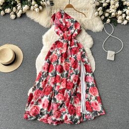 Spring/Summer Seasonal Fake Dress Retro Print Sexy Long Dress Design Feel Ruffled Edge Waist Show Slim Split Style Dress