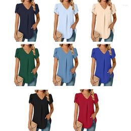 Women's Blouses 2023 Summer Chiffon Solid Colour T-shirt V-neck Short Sleeves Front Back Pleated Pullover Tops Women Clothing