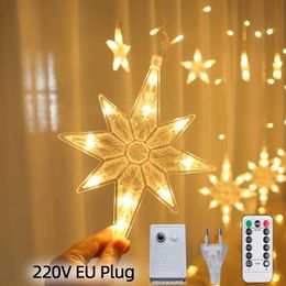 Strings 220V Remote Control Christmas Polaris Moon And Star Fairy Curtain Light Garland For Wedding Party Holiday Year DecorLED LED