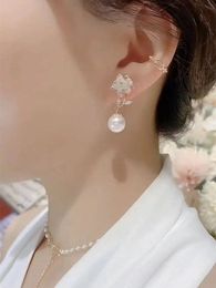 2023 Stud Exquisite Flower Women Pearl Earrings Bling Shining AAA Zircon CZ Stud Earring Wedding Jewelry