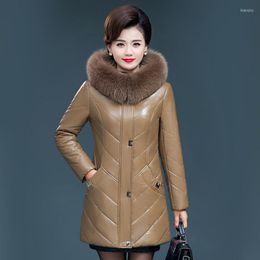 Women's Leather Women Coat Winter 2023 Fashion Warm Fur Collar Hooded Faux Sheepskin Jacket Tops Outerwear Female Plus Size L-7XL