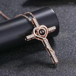 Chains Projection Cross Necklace 100 Languages I Love You Pendant Jewelry For Lover Girlfriend Trendy Couple Romantic Cute Accessories
