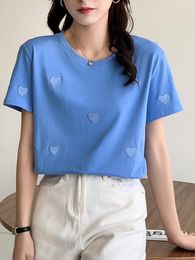 Women's T-Shirt Tuang Biang Summer Embroidered Love Women's Cotton Blue T-Shirt Korean Casual O-Neck Short Sleeve Soft T-Shirt Purple Women's Top 230331