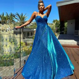 Shiny Spaghetti Strap A Line Evening Dresses With Pocket Ruched Sweep Train Formal Prom Gowns Backless Womens Maxi Dress 2022 326 326