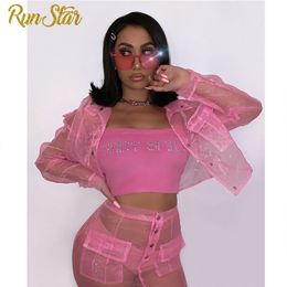 Two Piece Dress RunStar Women 2 Piece Set Summer See Through Outfits Turn Down Collar Button Jackets Top and Mini Skirt Set Night Party Clubwear 230331