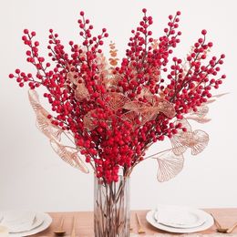 Faux Floral Greenery Artificial Red Berry Flowers Bouquet Fake Plant for Home Vase Decor Xmas Tree Ornaments Year 2023 Party Christmas Decoration 230330