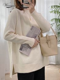 Women's Sweater Mock Neck Pullovers Sweater High Quality Oversized Jumper Split Fall Winter Clothes Beige Purple Green 8 Colors C 114 230331