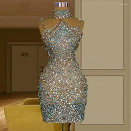 Party Dresses Short Mermaid Prom Dress 2023 Colourful Crytal Mini Skirt Sleeveless Sparkly Beading High Neck Birthday Cocktail For Girl