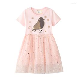 Girl Dresses Jumping Metres Princess Party Tutu With Beading Bird Cute Baby Mesh Clothes Short Sleeve Kids Frocks Toddler Dress