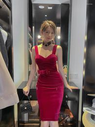 Casual Dresses Summer 2023 Solid Color Retro Bra Suspender Tube Top High Waist Sleeveless Knee Length Wine Red Backless Vintage Dress