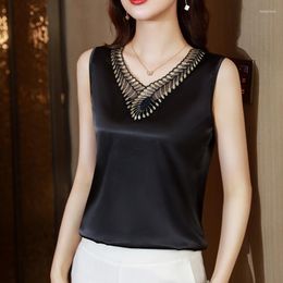 Women's Blouses 2023 Summer Women Sleeveless Fashion Embroidered Lace Silk Shirts Elegant Tops Black Satin Woman Clothes 24824