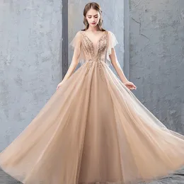 2023 Luxury Bridesmaid Dresses A-line Appliques Bead V-neck Backless Khaki Elegant Wedding Party Banquet Evening Prom Gowns