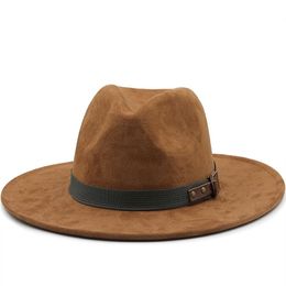 Berets Men Suede Fedora Warm Jazz Hat Chapeau Femme Feutre Panaman Cap Felt Women Hats With Pearls Belt Vintage Trilby CapsBerets