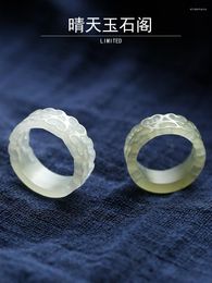 Cluster Rings Natural Real Green White Hetian Jade Ring Carve Hollow-out Simple Women Party Wedding Jewelry Gift For Men