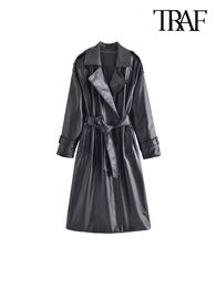 Women's Trench Coats TRAF Women Fashion With Belt Faux Leather Coat Vintage Long Sleeve Flap Pockets Female Outerwear Chic Overcoat 230331