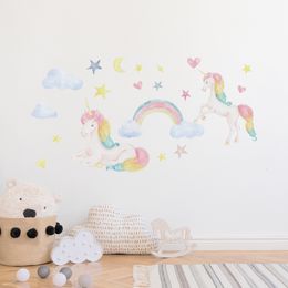 Wall Stickers Coloured Unicorn Wallpaper Cartoon Animal Wallpaper Sticker Cloud Star Rainbow Wallpaper DIY Animal Mural Art PVC Sticker 230331