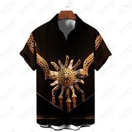 Men's Casual Shirts Cotton Linen Short-Sleeved Summer Solid Color Turn-down Collar Beach Style Golden Flower Pattern