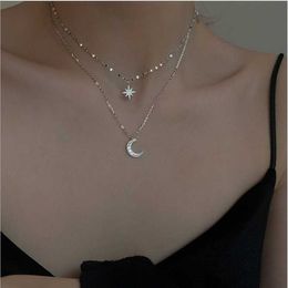 Chains Double-layer Star And Moon Necklace Female Ins Cold Wind Simple Temperament Clavicle Chain 2023