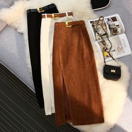 Skirts Hebe Eos Vintage Women's With Side Slit Midi Aline Hight Waist Sashes Elegant Korean Fashion Corduroy Black 230330