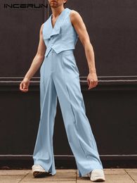Men's Tracksuits INCERUN Fashion Men Sets Solid Color 2023 Lapel Sleeveless Vests Wide Leg Pants Two Pieces Streetwear Men Casual Suits S-5XL W0322