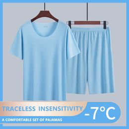 Men's Tracksuits Summer Men's Pyjamas Suit Thin Ice Home Clothes Traceless Short Sleeve Shorts Men's Round Neck Casual Summer Clothes W0322
