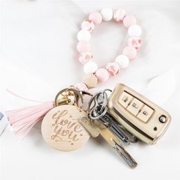 New Arrival Colorful Silicon Beads Tassel Keychain Wood Letter Wooden Disc Bracelet Keyring For Women Girls Jewelry Gifts