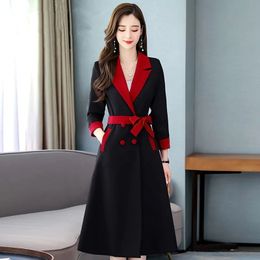 Płaszcz damski Elegancki długi wiatrówek koreańsko -mody swobodna aline vneck podwójna piersi z biurem pasa dama płaszcza 230331
