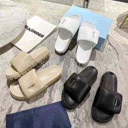 Designer Slippers Soft Padded Nappa Leather Slides Women Pool Pillow Comfort Mules Platform Sandal Triangle Letters Summer Sliders With Box