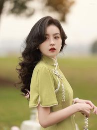 Ethnic Clothing 2023 Spring Summer Green Jacquard Cheongsam Elegant Fashion Improved Fresh Young Chinese Dress Performance Po Qipao For
