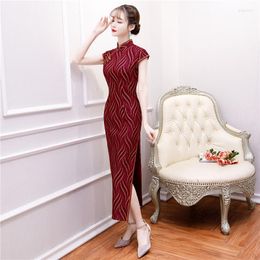 Ethnic Clothing Red Vintage Satin Qipao Summer Lady Traditional Chinese Style Cheongsam Dresses Short Sleeve Long Wedding Dress