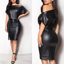 Casual Dresses 2023 Women Off Shoulder Short Sleeve PU Leather Mini Dress Sexy Black Crew Neck Wet Look Bodycon Bandage Party Club