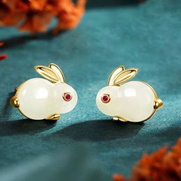 Sweet Animal Imitation Hetian Jade Rabbit Stud Earring For Women Girl Trendy Wedding Party New Year Jewellery Gifts