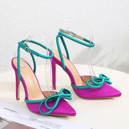 Sandals Summer Baotou Pointed Bow String Color Hollow Thin Heel Large Walking Show High-heeled WomenSandals