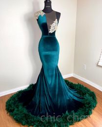 Hunter Aso Ebi Arabic Green Prom Dress Beaded Lace Feather Evening Formal Party Second Reception Birthday Engagement Gowns Dresses Robe De Soiree ZJ Es 0425