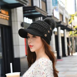 Beanies Beanie/Skull Caps Winter Fur Pompom Hat For Women Autumn Cotton Knitted Baseball Cap With Pompon Brand Visor Ladies Skullies