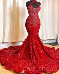 2023 Arabski Aso Ebi Red Mermaid Dress Crystalbs Kościk Sexy Even Formalne przyjęcie Drugie przyjęcie urodzinowe suknie zaręczynowe sukienki szata de soiree ZJ2488