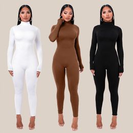 Women's Jumpsuits Rompers Solid Colour Women's Bodysuit Long Sleeve Solid Turtle Neck Bodysuit Fashion Fitness Casual Top 230330