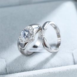 Wedding Rings Vintage Female White Crystal Stone Ring Cute Silver Colour For Women Dainty Hollow Love Heart Engagement Set