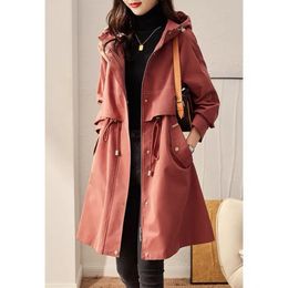 Women's Trench Coats Longsleeved Pockets Stitching Zipper Hooded Waist Drawstring Long Spring and Autumn Korean Style Fashion 230331