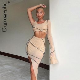 Two Piece Dress Cryptographic Sexy Sheer Mesh Top and Midi Skirt Fashion Outfit Autumn Long Sleeve Club Party Matching Set 230331