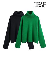 Women's Sweaters TRAF Women Fashion With Ribbed Trim Loose Knit Sweater Vintage High Neck Long Sleeve Female Pullovers Chic Tops 230331