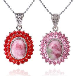 Pink Crystal Pendant Necklaces Cabochon Bead Natural Stone Zircon CZ Stone with Silver Color Chain Jewelry for Women