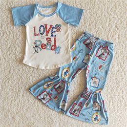 Wholesale fashionable Baby Girls Cat Clothes Blue Shirt Bell-bottomed Pants Boutique Infant Outfit Children Toddler Kid Clothing